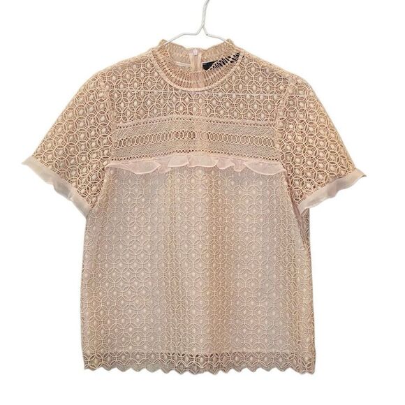 Zara Tops - Zara Woman Crochet Lace High Collar Scalloped Trim Cotton Blouse Pink Medium